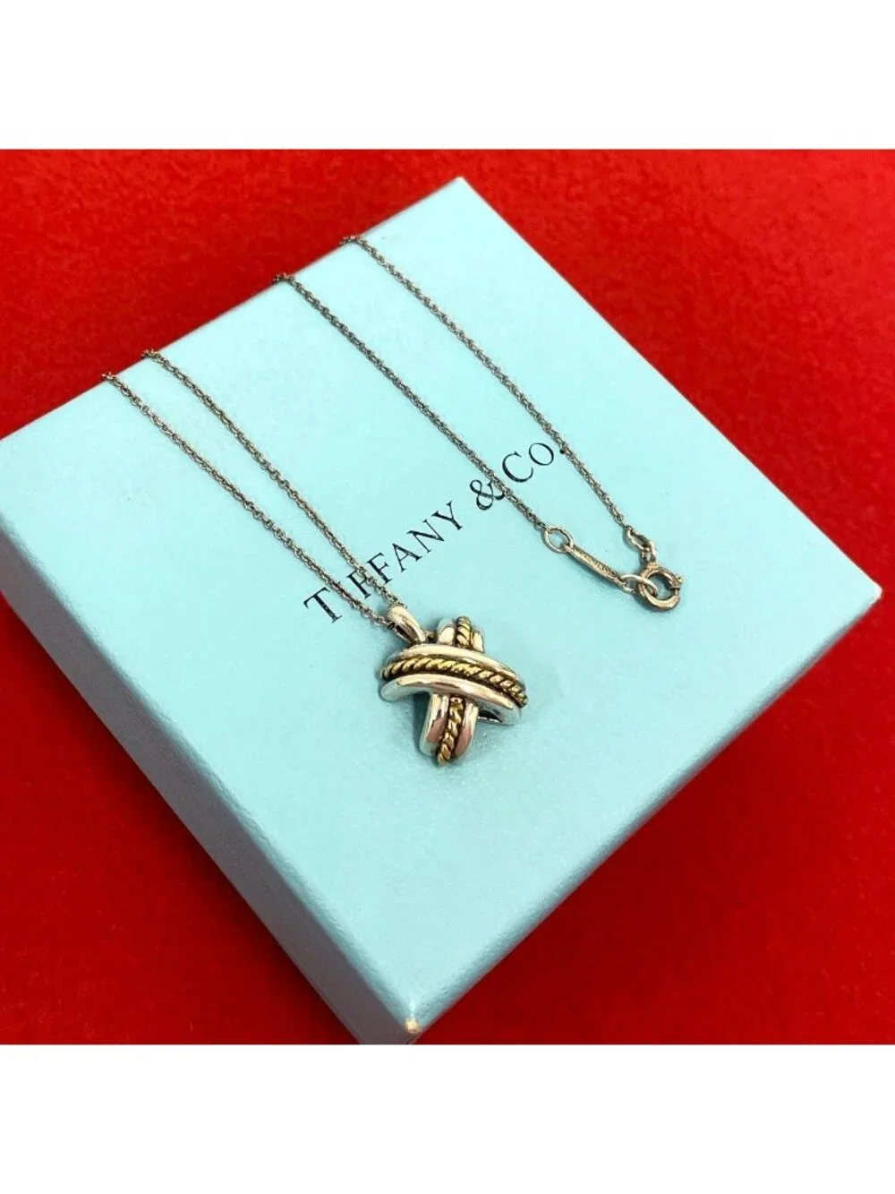Tiffany & Co Signature Necklace Silver Yellow Gold Pendant